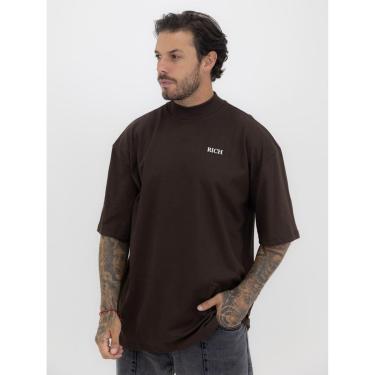 Imagem de Camiseta Oversized Gola Alta Estampada Básica Alto Relevo no Peito Streetwear Algodão Premium Marrom-Masculino