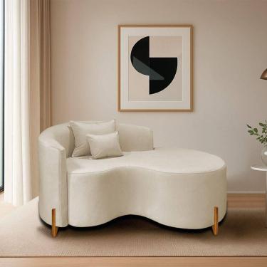 Imagem de Divã Recamier Curvo Sala De Estar Recepção Inglaterra 150cm Pés Madeira Lado Direito Linho Bege