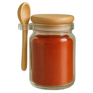 Imagem de Pote De Vidro Hermético 100ml Tampa De Bambu C/Colher P/Tempero Vedaçã