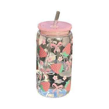 Imagem de Copo De Vidro Com Laço Fofo De 500ml, Garrafa De Água Tipo Mason Jar C