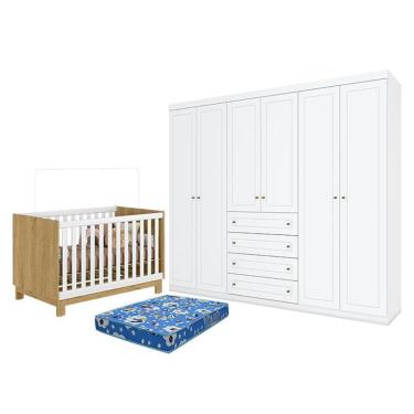 Imagem de Kit Berço Americano Mini Cama Q Encanto Slim MDP Colchão Incluso Freijó e Branco Qmovi
