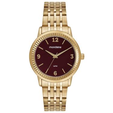 Imagem de Relógio Feminino Catraca Serrilhada Clássico em Aço Inox com Mostrador Vermelho e Acabamento Dourado Mondaine