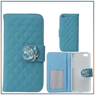Imagem de Rosepark(TM) iphone 5C Case, Luxury 3D Bling Crystal Handmade Camelia Rhinestone Diamond Design PU Leather Wallet Flip Cover Case for Apple Iphone 5C(Blue), With Screen Protector, Stylus Pen and Cleaning Cloth