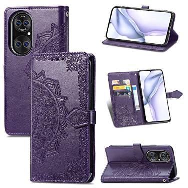 Imagem de HONGYAN Capa de telefone Padrão Halfway Mandala Embossing Horizontal Leather Case aleta com Holder & cartão Slots & carteira e cordão para Huawei P50 Pro Capa protetora