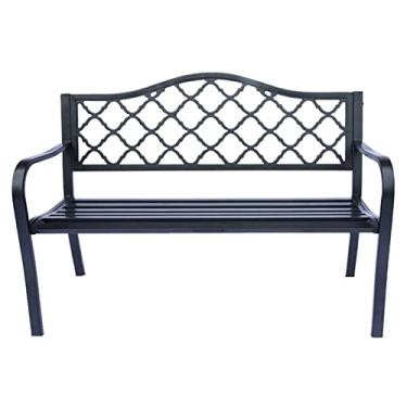 Imagem de KIZQYN Banco de jardim banco ao ar livre banco de pátio de ferro forjado com encosto de malha de diamante e assento de ripas móveis de lazer ao ar livre para varanda terraço frontal bancos externos (cor: 1)