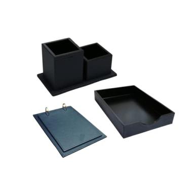 Imagem de Kit Organizador de Escritório - Conjunto para Organização de Mesa com 3 itens - Couro (Kit Escritório - Couro Azul)