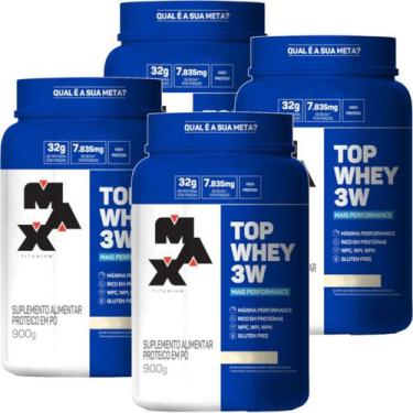 Imagem de Kit 4X Top Whey Protein 3W Performance Morango 900G Max Titanium
