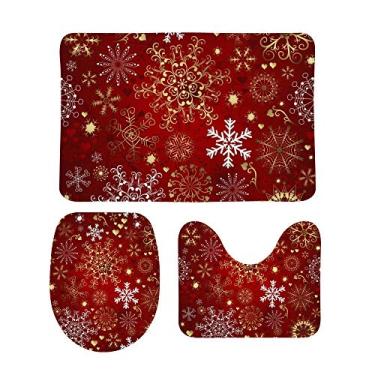 Imagem de Conjunto de 3 peças de tapetes de banheiro My Daily flocos de neve de Natal vermelho em forma de U contorno tapete de banheiro e tampa de tampa, tapete de chuveiro antiderrapante conjunto de tapetes de banheiro