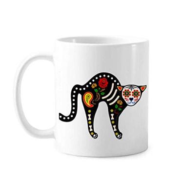 Imagem de Caneca de cerâmica de coração de osso de gato preto atmosfera de terror de Halloween Caneca de porcelana de café