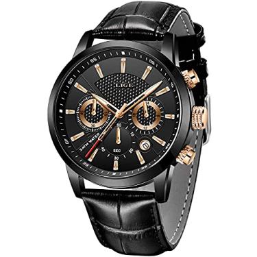 Imagem de Relógio masculino de luxo LIGE, moderno, estilo militar, esportivo, analógico, de quartzo, com cronógrafo, clássico, casual, à prova d'água, marrom, branco, de couro, Vestido clássico casual esportivo, Ponteiro dourado preto, 8.07