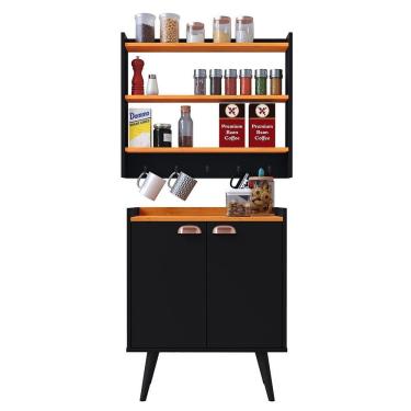 Imagem de Kit Aparador Buffet Cantinho Café 2 Portas Linea Armário Suspenso Prateleiras Ganchos Porta Utensílios Amélia - RPM Móveis