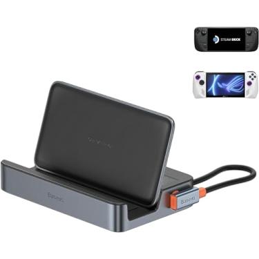 Imagem de Estação de ancoragem Baseus 6 em 1 para Steam Deck/ROG Ally X/Legion Go com HDMI 2.0 4K a 60 Hz, Gigabit Ethernet, design de suporte ajustável, PD de 100 W e 3 portas USB-A 3.0