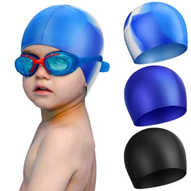 Imagem de Touca de natação infantil de silicone impermeável com 3 peças para meninas e meninos de 2 a 10 anos de idade para crianças pequenas (cor elegante)
