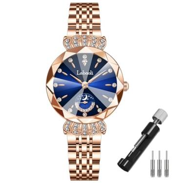 Imagem de Relógios femininos ouro rosa inoxidável feminino moda luxo diamante vestido negócios à prova d'água quartzo meninas esposa presente cristal azul relógio de pulso, LA476azul, LA476azul