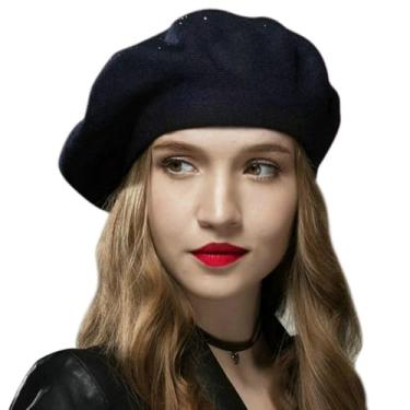Imagem de Sumolux Boina feminina de lã francesa gorro clássico cor sólida outono inverno chapéus, Azul marinho, Tamanho Único