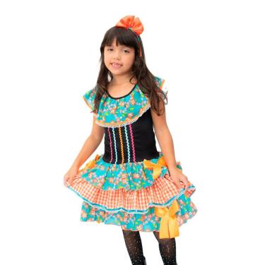 Imagem de Vestido Infantil Festa Junina Florido Laranja e Preto + Arco