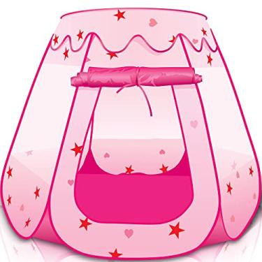 Imagem de ArtCreativity Barraca de princesa pop-up para crianças, barraca de brinquedo com uma bolsa de transporte, barraca de princesa dobrável para meninas e meninos com janelas de malha para ventilação, decorações de festa de princesa, rosa