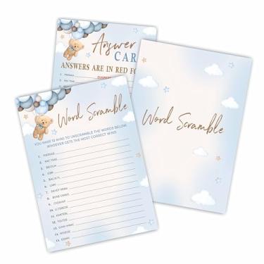 Imagem de 30 cartas de embaralhamento de palavras e 1 carta de resposta - Jogo e atividade para chá de bebê - 12 x 18 cm Urso e balões Cartas de jogo de preenchimento dupla face, jogo de revelação de gênero