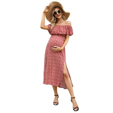 Imagem de Vestido de maternidade feminino, tomara que caia, tomara que caia, evasê, casual, maxi vestido fotográfico para chá de bebê, Floral vermelho, G