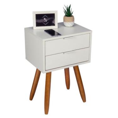 Imagem de Mesa de Cabeceira Retrô 40cm Branco 2 Gavetas Pés Palito Madeira Maciç