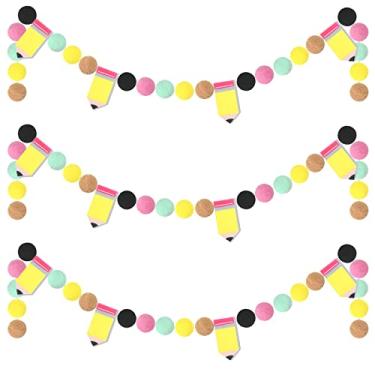 Imagem de 3 peças de lápis bola de feltro guirlanda para sala de aula retorno à escola guirlanda de bola de pompom colorida feita à mão guirlanda de lápis para pendurar em sala de aula para decoração de celebração de ambiente de sala de aula