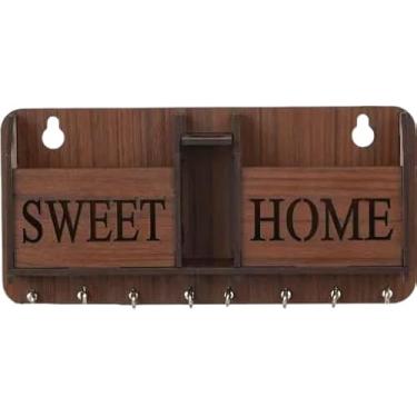 Imagem de My Dream Carts Porta-chaves Sweet Home para parede de casa elegante | Suporte de chave de madeira para parede | Cabide de chave MDF | Duas caixas para carregar celular | Suporte de caneta e chaves