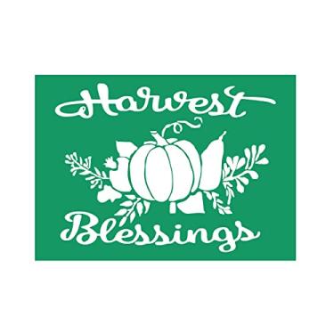 Imagem de DGAGA Estêncil de tela de seda Harvest Blessings reutilizável autoadesivo de malha de giz estêncil padrão serigrafia para decoração de outono, placas de madeira de fazenda DIY