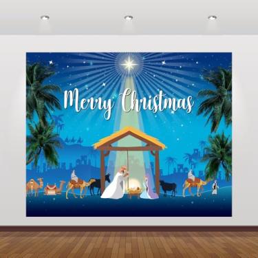 Imagem de Cenário de presépio de Natal, 3 x 2,4 m, faixa de presépio de Feliz Natal, grande, azul, para decoração de festa de Natal, decoração de festa de Natal, estúdio fotográfico