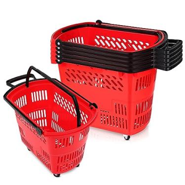 Imagem de 6 cestas de compras de grande capacidade com alças, cestas de compras de plástico durável de 35 L com rodas, cesta de compras portátil para supermercado, loja de varejo, livraria, lavanderia, vermelha
