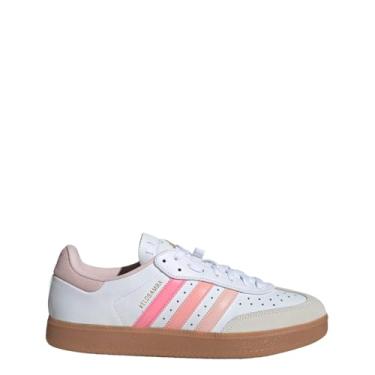 Imagem de adidas Tênis adulto unissex de couro Velosamba, Branco/Rosa Arenoso/Dourado Metálico, 0 Women/11.5 Men