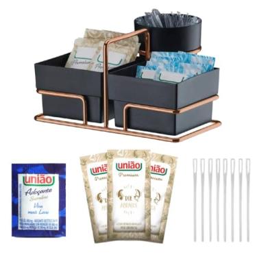 Imagem de Açucar Sache Uniao + Adoçante Sache + Porta Sache Preto Aço Rose Gold + Mexedor Cafe