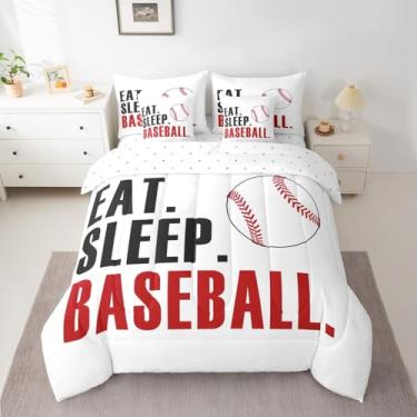 Imagem de Feelyou Jogo de cama casal com edredom de beisebol, branco, 7 peças, para crianças, meninos, meninas, adolescentes, jogo de cama com bola