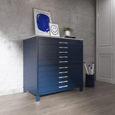 Imagem de Gaveteiro Mapoteca para Escritório de Aço Fixa com 10 Gavetas Industrial Azul Delrei/Cinza