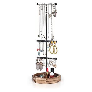 Imagem de Porta-joias organizador de joias, suporte de árvore, caixa de armazenamento grande básica de metal e madeira - suporte de joias de 3 níveis para colares, pulseiras, brincos, suporte para exibição de