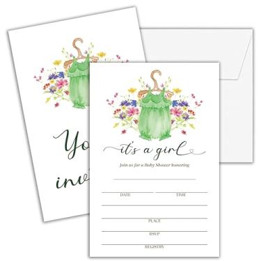 Imagem de Cazhes Convites para chá de bebê, 25 convites de chá de bebê de dupla face, It's A Girl, roupas de flores silvestres para decorações de festa - D07