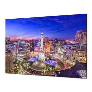 Imagem de Arte de parede Indianapolis Skyline Indiana decoração de parede tela HD impresso monumento círculo quadrado pôster pinturas moldura esticada casa sala de estar quarto decorações (91 x 61 cm)