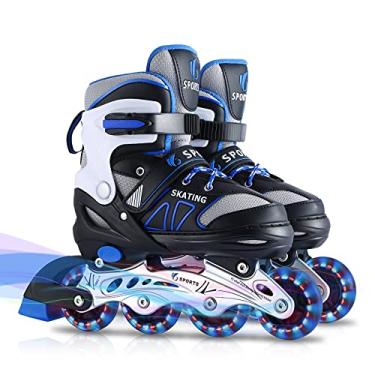 Imagem de Patins em linha para crianças, meninas, meninos, iniciantes, 4 tamanhos ajustáveis com rodas iluminadas para crianças. (azul, médio (2-5))