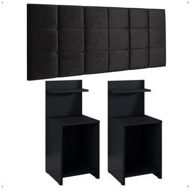 Imagem de Kit 2 Mesas Cabeceira Fantasy Preto Prateleira Organizadora Painel Suspenso Bia Estofado Cama Box Queen Size 1,60 Suede - Lojas RPM