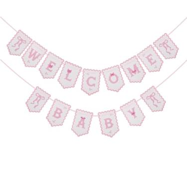 Imagem de Faixa rosa de boas-vindas de bebê, faixa de boas-vindas para festa de bebê menina com laço rosa para recém-nascidos, adereços de fotos para decoração de chuveiro com tema revelador de gênero