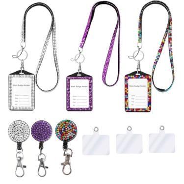 Imagem de Cordão de pescoço de cristal 3 em 1, suporte de crachá de identificação brilhante, suporte de cartão de nome de trabalho com strass retrátil para professoras enfermeiras e médicas (transparente, roxo