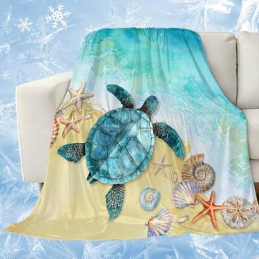 Imagem de Cobertores refrescantes de tartaruga para dormir quente verão estrela do mar concha oceano praia azul cobertor frio, leve vida marinha cobertor de gelo 101,6 cm x 152,4 cm cobertores frios de verão