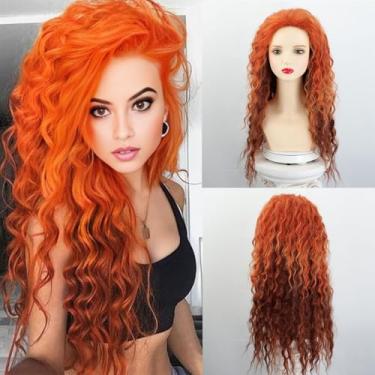 Imagem de Fencca Perucas longas sintéticas cacheadas laranja a avermelhado perucas onduladas para mulheres perucas longas para cosplay diário