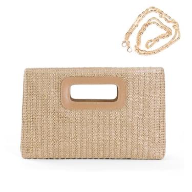 Imagem de Long Keeper Bolsas de mão de palha com alça superior, bolsas para noite de tecido, bolsa de praia de verão, bolsa de ombro transversal com corrente, Caqui