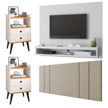 Imagem de Painel Suspenso TV 50 Polegadas Cissa Branco Cabeceira Cama Box Casal Luana1,40 Bege Linho Kit 2 Mesinhas Quarto Gaveta Nicho Off/Cinamomo- rpm