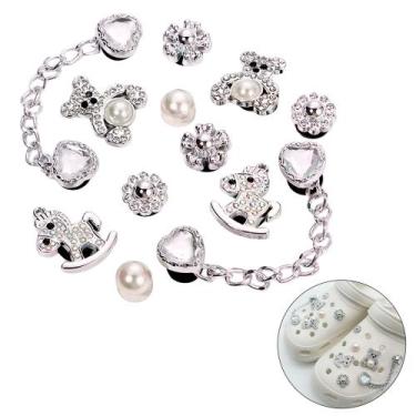 Imagem de Botton Charm Pingente Babuche Papete Strass Luxo Ursinho Prata Kit 12 