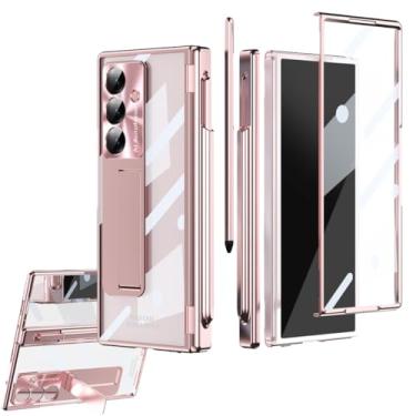 Imagem de Capa galvanizada Z Fold 7/6/5 para Samsung Galaxy Z Fold 7 5 4 3 5G com protetor de tela de vidro embutido, uma caneta, proteção de dobradiça, capa protetora de câmera de liga (dobra 6, rosa)