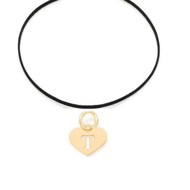 Imagem de Colar Rommanel Couro Preto Pingente Coração Com Letra T