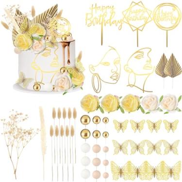 Imagem de MTLEE 51 Pcs Yellow Boho Cake Topper Decorations Vintage Artificial Rose Flower Pampas Grass Acrylic Minimalist Art Lady Face Happy Birthday Ball Cake Topper for Wedding Baby Shower