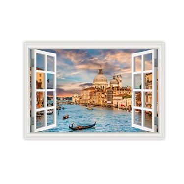 Imagem de Impressão em tela para parede janela Itália Veneza pôr do sol 3D falsa janela vista paisagem paisagem paisagem imagem impressão em tela arte de parede para sala de estar 50 x 75 cm 19,6 x 75 cm sem