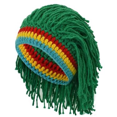 Imagem de DIYDECAL Gorro engraçado de tricô com cabelo para homens, chapéus de peruca quente para festa à fantasia, Verde, tamanho �nico